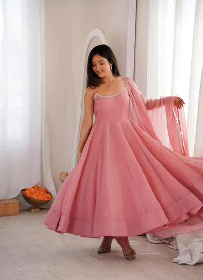 Pink Crunchy Silk Fabrics Fully Flair Anarkali