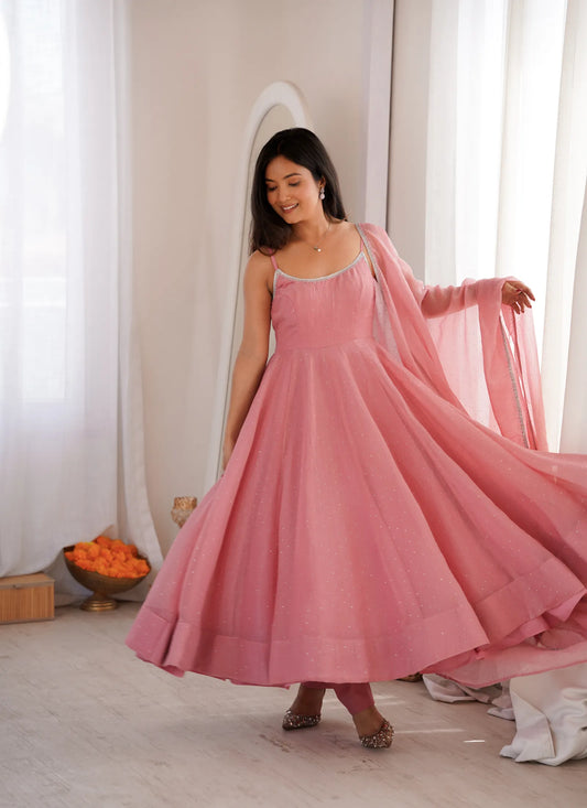 Pink Crunchy Silk Fabrics Fully Flair Anarkali