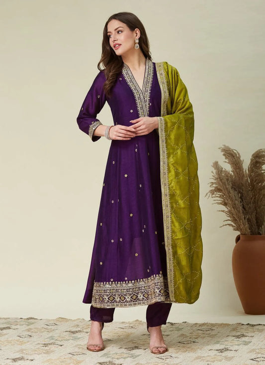 Premium Embroidery Anarkali Kurti Set Violet