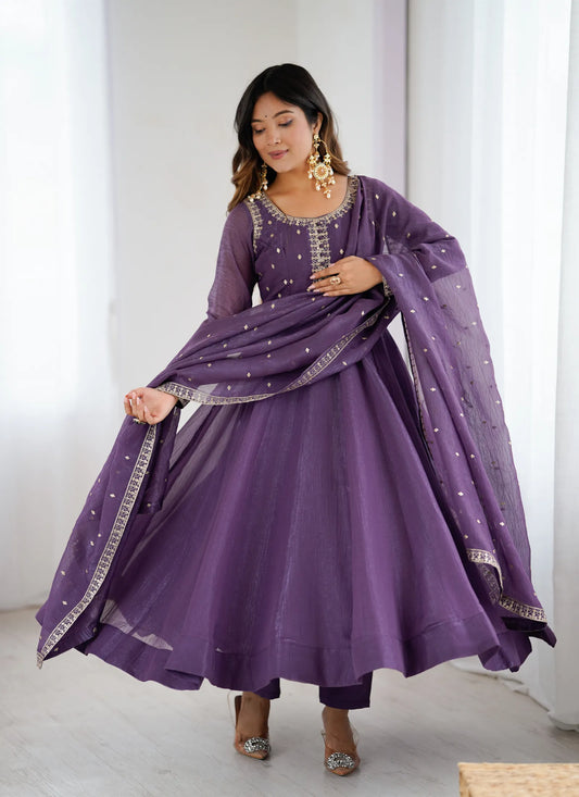 Pure Crunchy Silk Fabric Anarkali Suit Purple