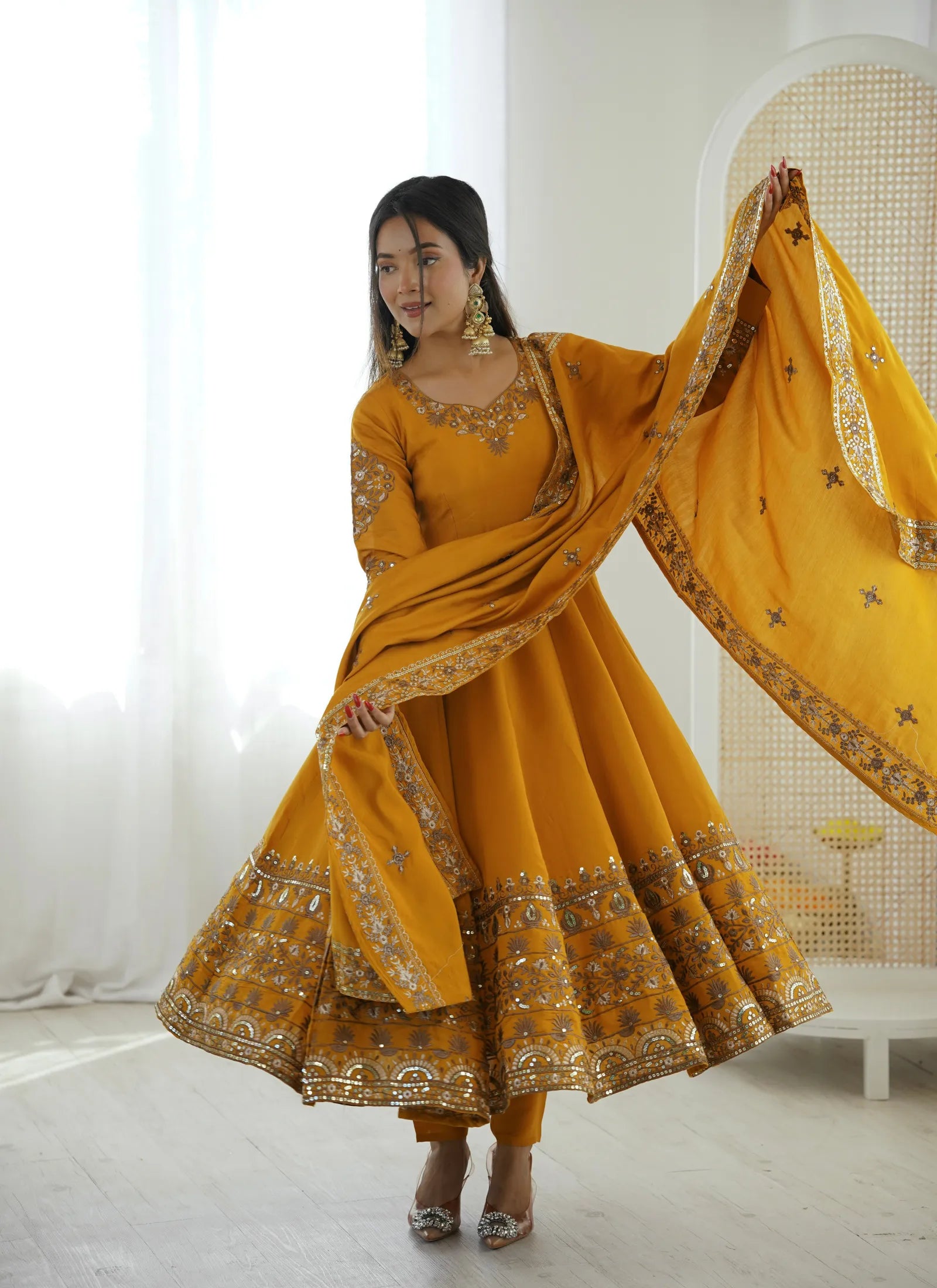 Yellow Embroidered Sequence Anarkali Suit