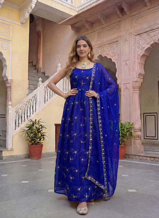 Blue Fandy Silk Embroidery Anarkali Gown