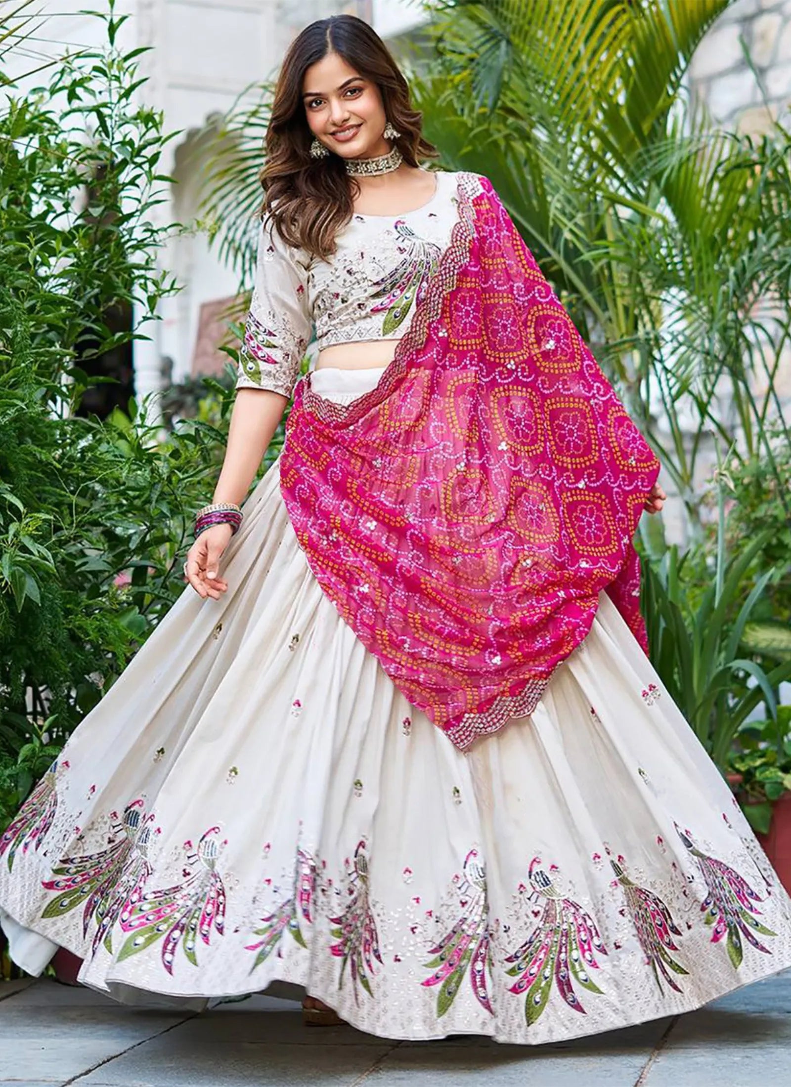 Peacock Semi Stitched Lehenga Choli White