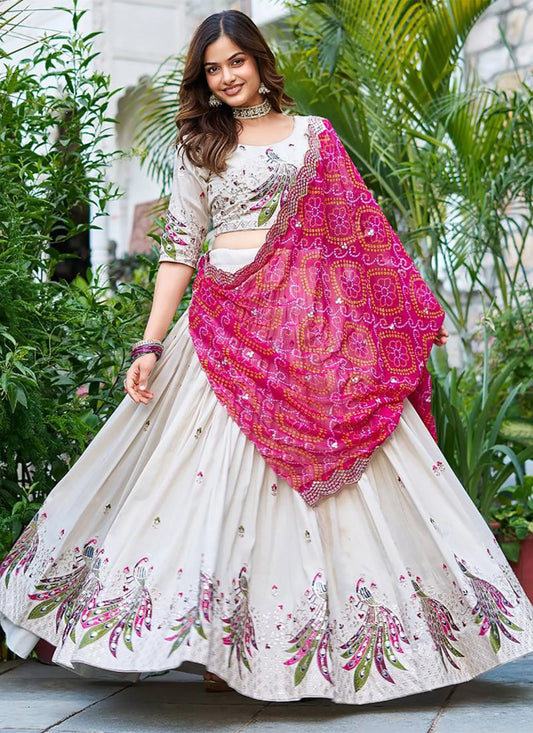 Peacock Semi Stitched Lehenga Choli White