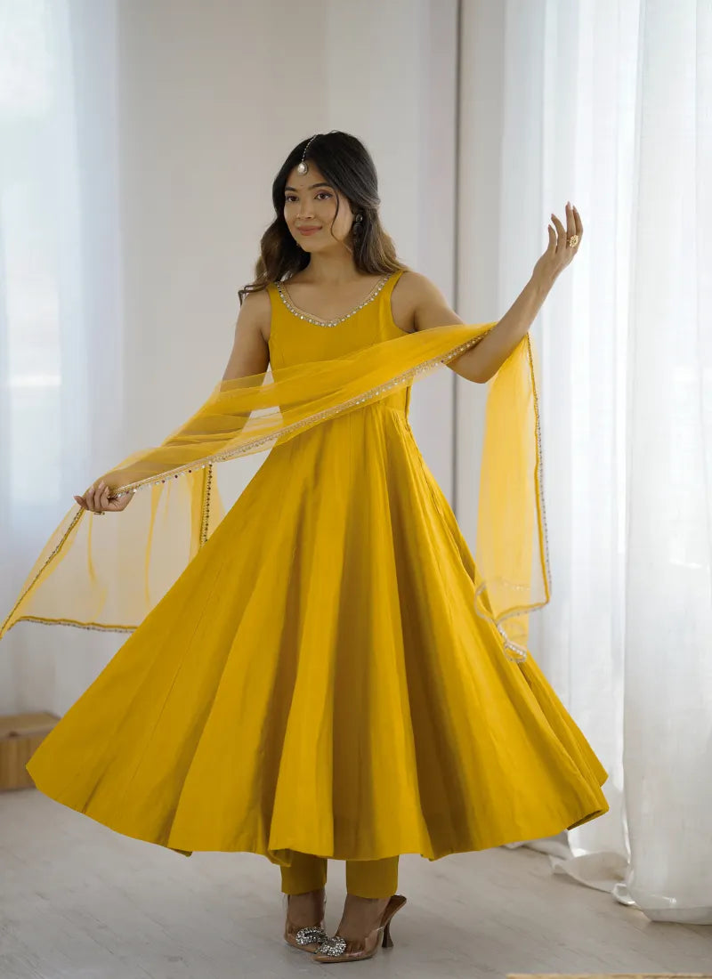 Pure Romansilk Chanderi Fabric Anarkali Yellow