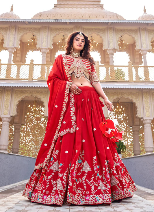 Red Pure Vichitra Silk Embroidery Thread Work Lehenga Choli
