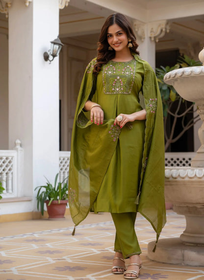 Olive Pure Viscose Designer Kurti Set