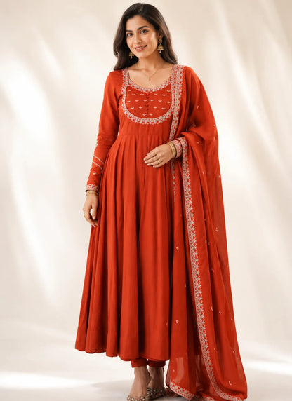 Orange Roman Chanderi Silk Anarkali Suit