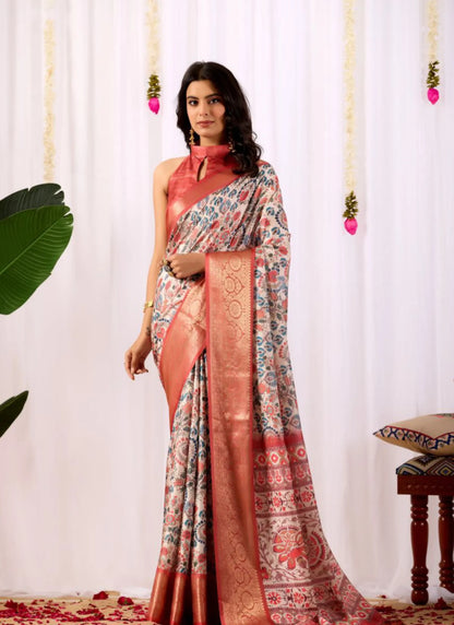 Geometric Prints Soft Lichi Silk Saree