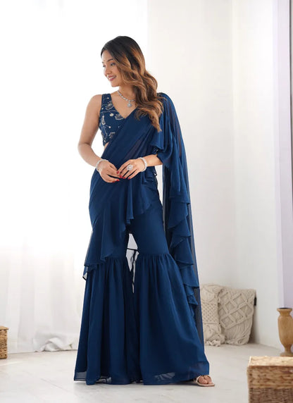 Ready To Wear Sharara Saree Teal Blue