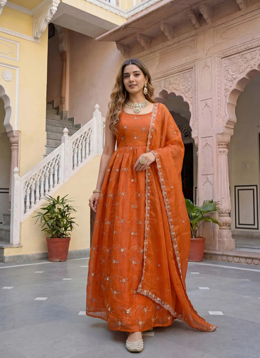 Orange Fandy Silk Embroidery Anarkali Gown