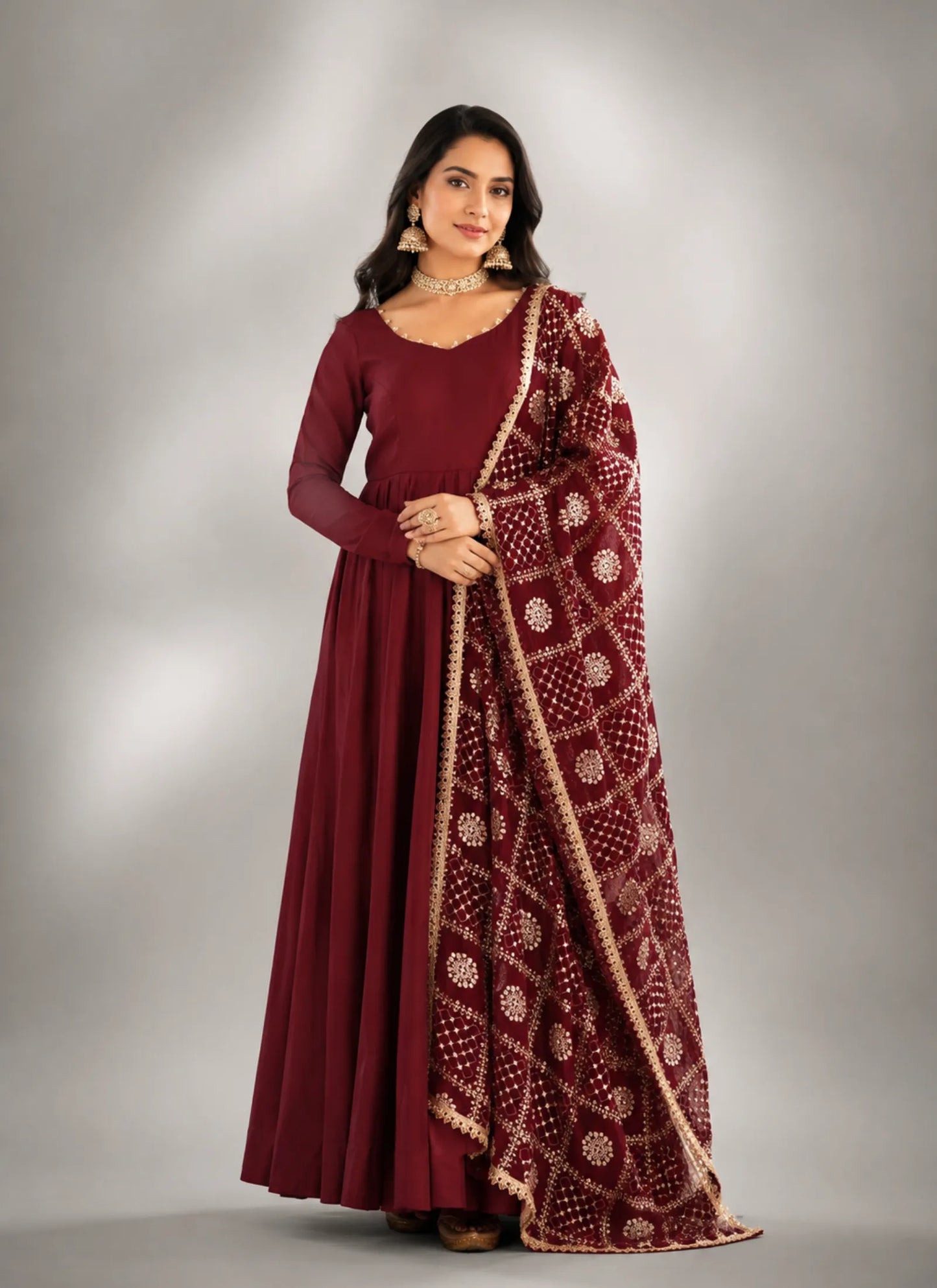 Maroon Heavy Roman Silk Anarkali Suit