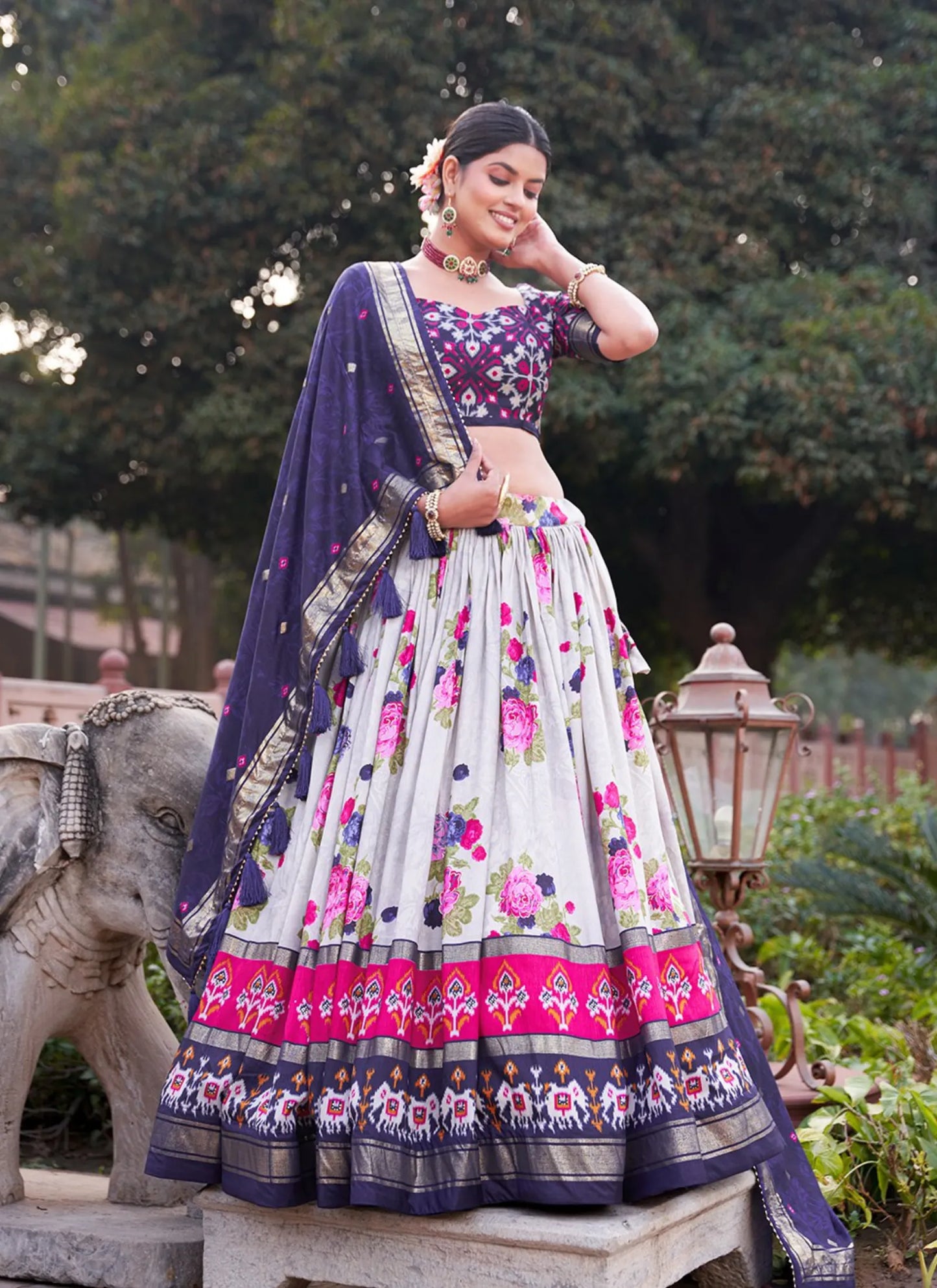 Navy Blue Floral Print Lehenga Choli