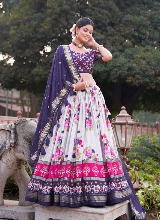 Navy Blue Floral Print Lehenga Choli