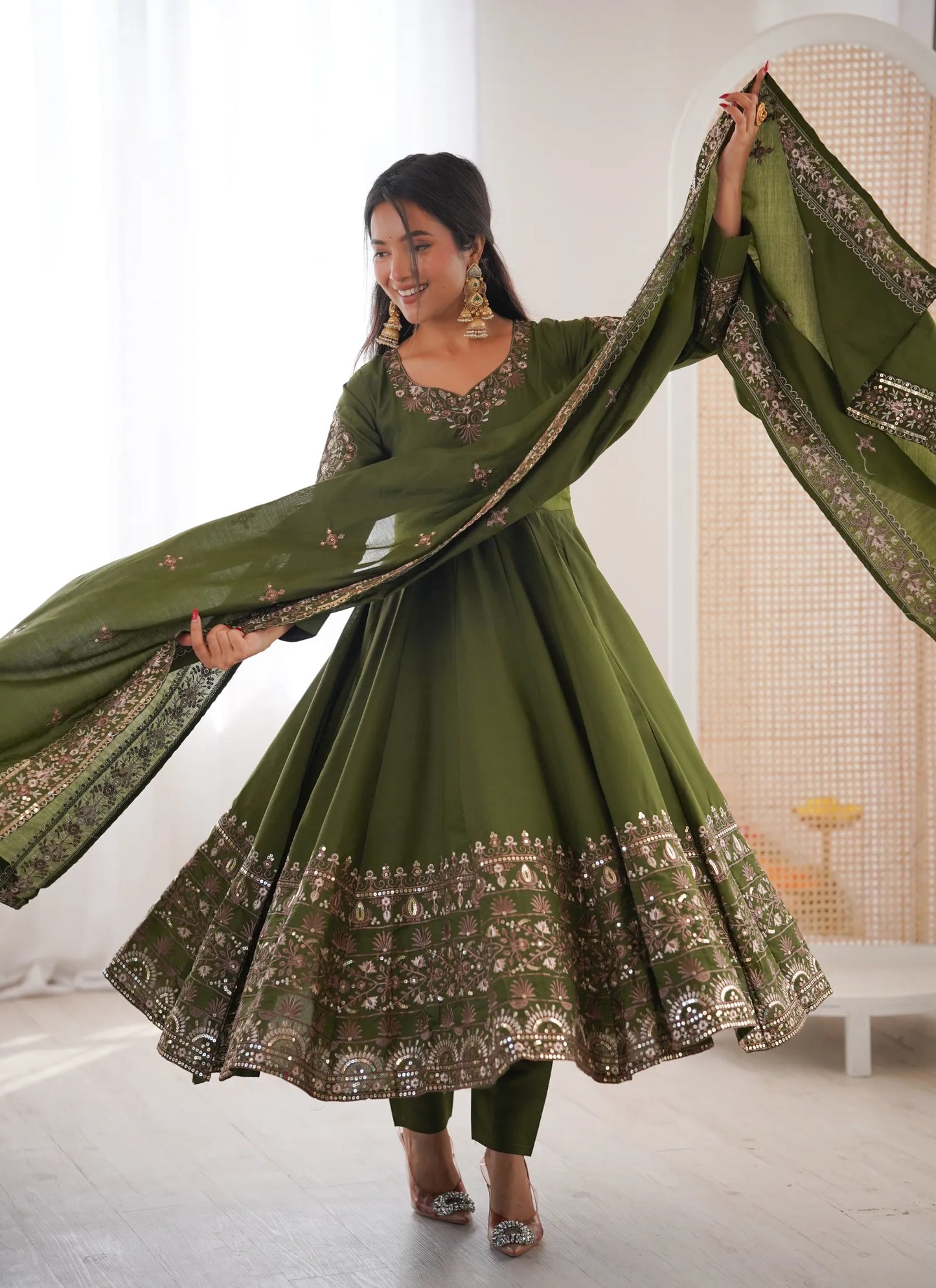 Green Embroidered Sequence Anarkali Suit