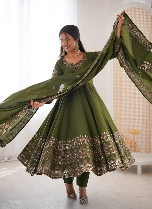 Green Embroidered Sequence Anarkali Suit