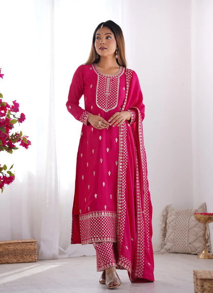 Pure Chinon Silk Embroidery Kurta Pink