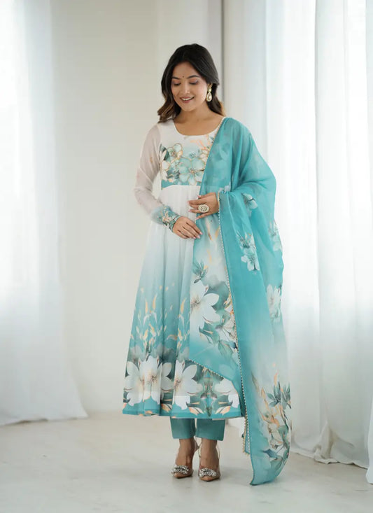 Heavy Pure Soft Organja Silk Print Anarkali Aqua Blue
