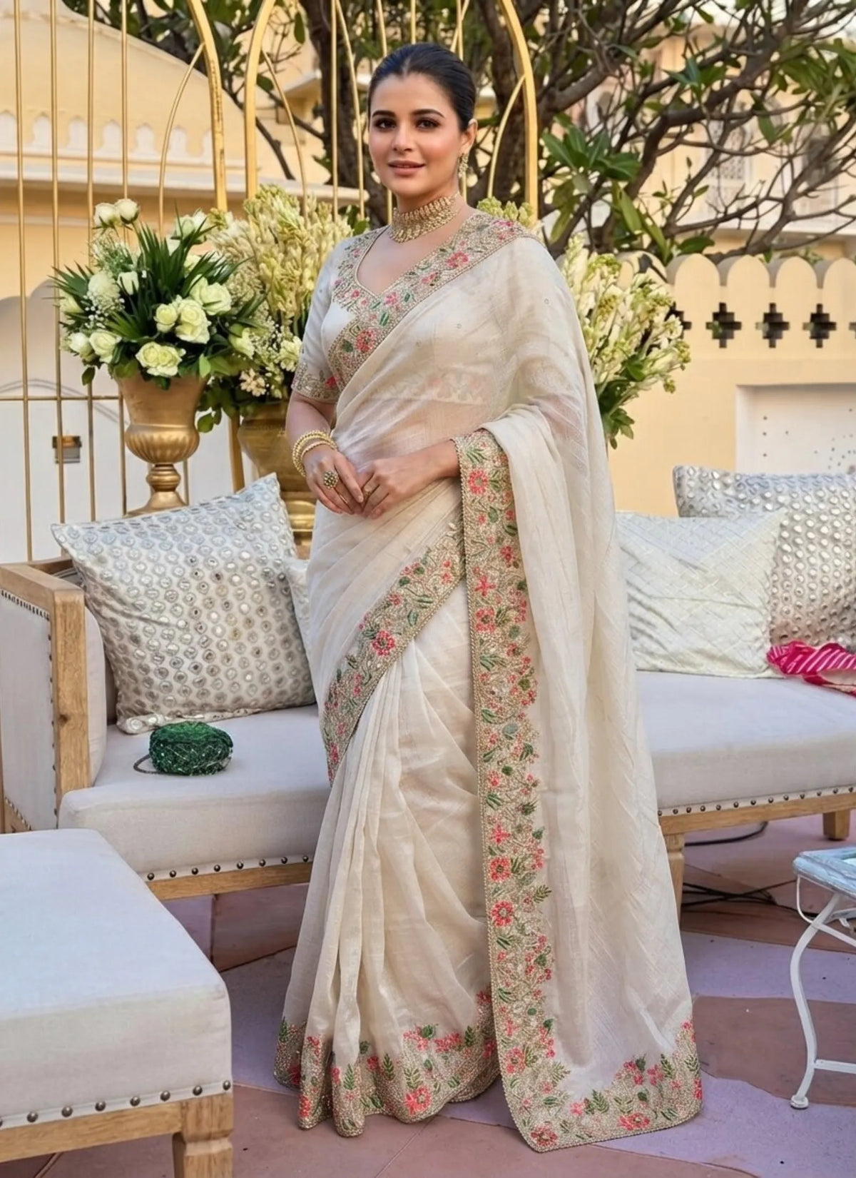 Off-White Soft Fendy Satin Silk Saree