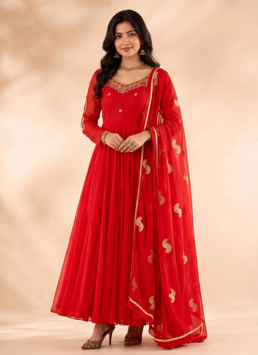 Red Faux Georgette Embroidery Anarkali Suit