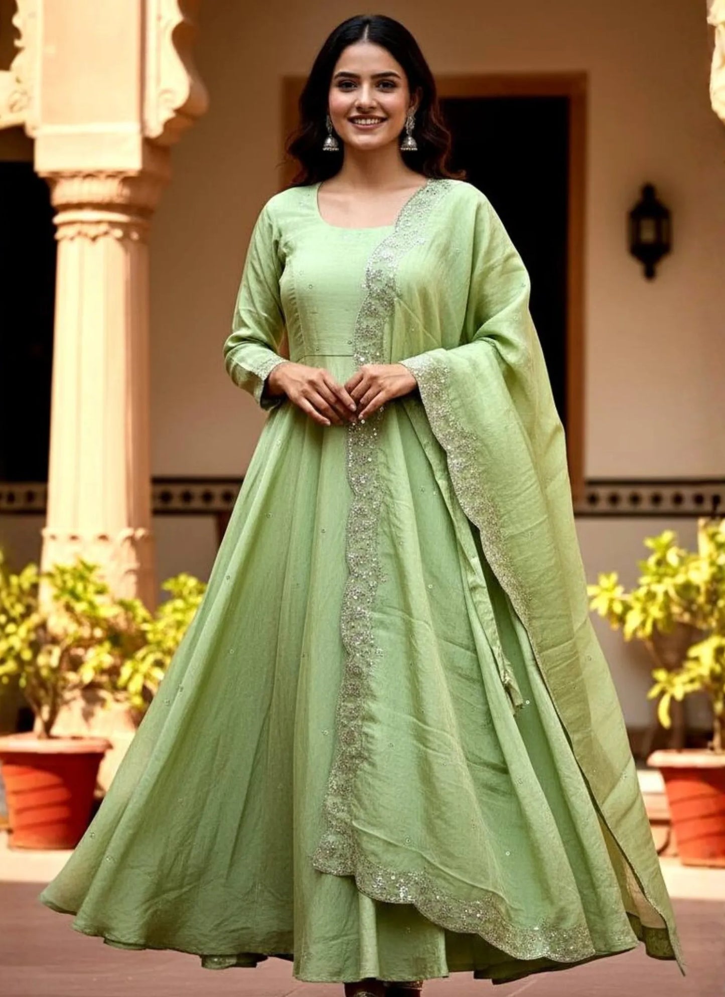 Embroidery Zari Work Silk Gown Light Green