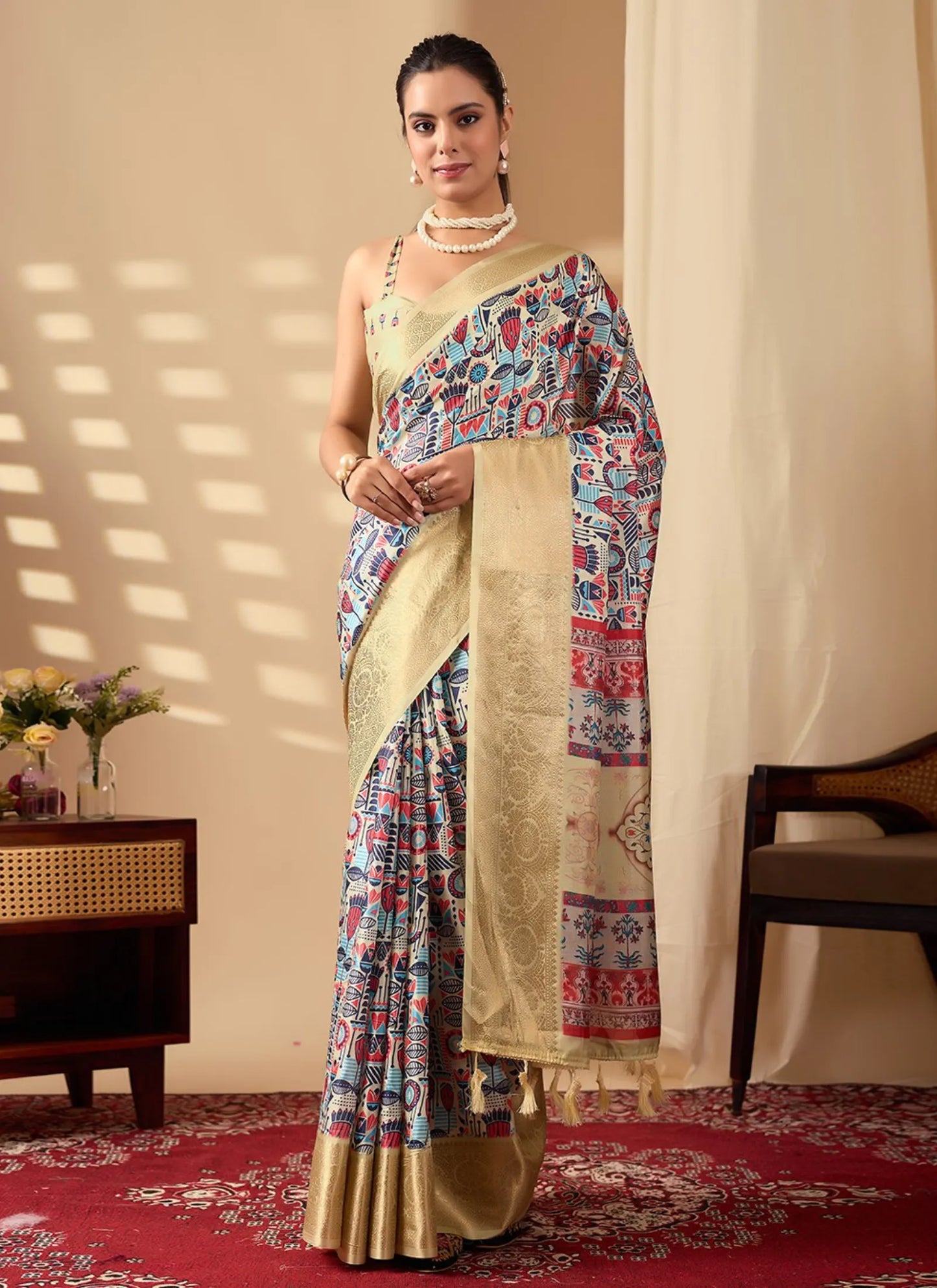 Artistic Multicolor Print Soft Lichi Silk Saree