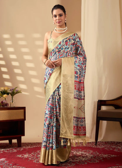 Artistic Multicolor Print Soft Lichi Silk Saree
