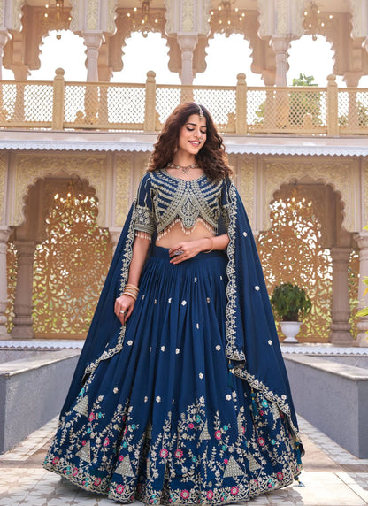 Blue Pure Vichitra Silk Embroidery Thread Work Lehenga Choli