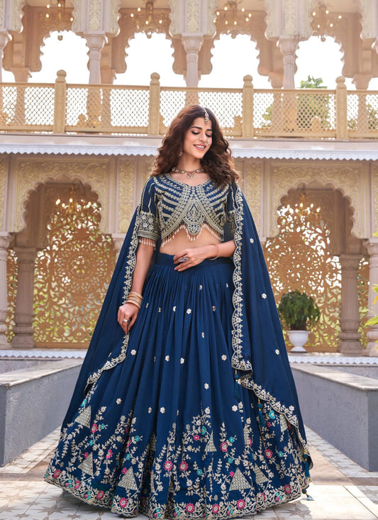 Blue Pure Vichitra Silk Embroidery Thread Work Lehenga Choli
