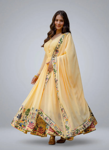 Yellow Embroidered Faux Georgette Gown