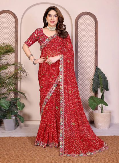 Red Chakradhar Bandhej Georgette Saree
