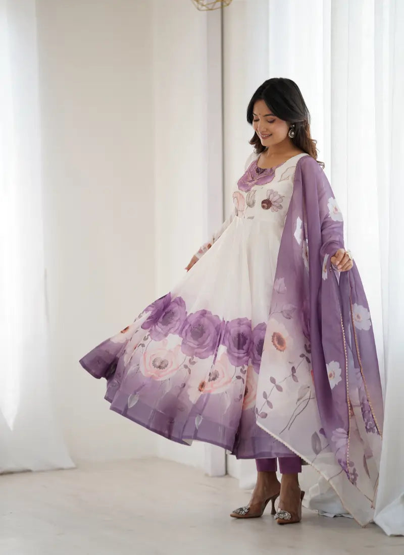 Heavy Pure Soft Organja Silk Print Anarkali Violet