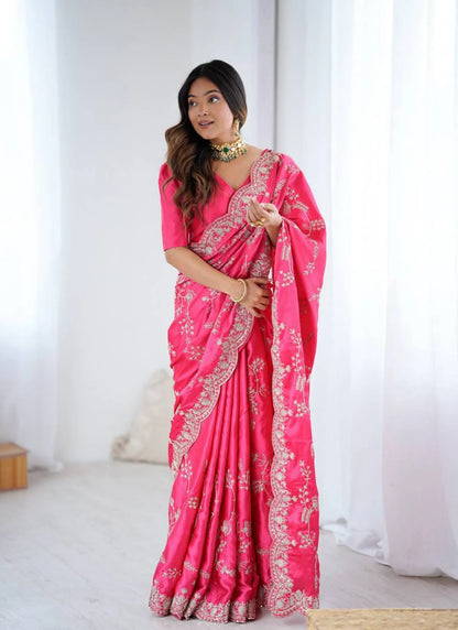 Pink Heavy Satin Silk With Embroidery Saree
