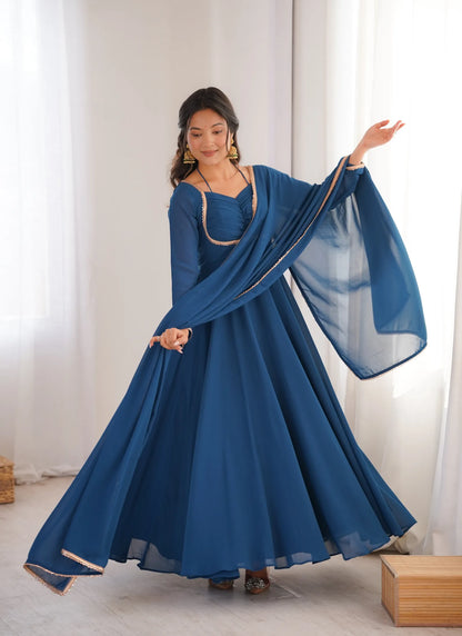 Teal Pure Blooming Georgette Anarkali Suit
