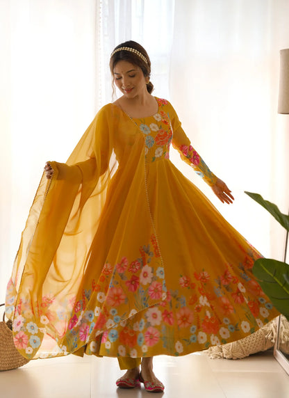 Pure Soft Organja Silk Anarkali Yellow