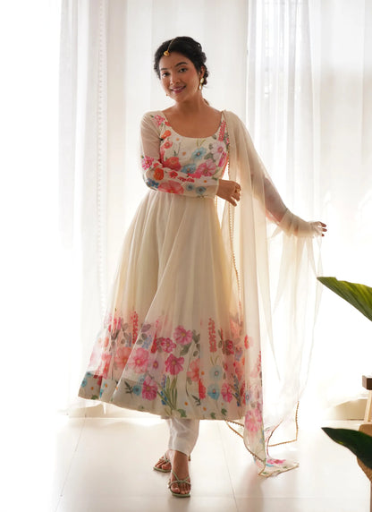 Pure Soft Organja Silk Anarkali Cream