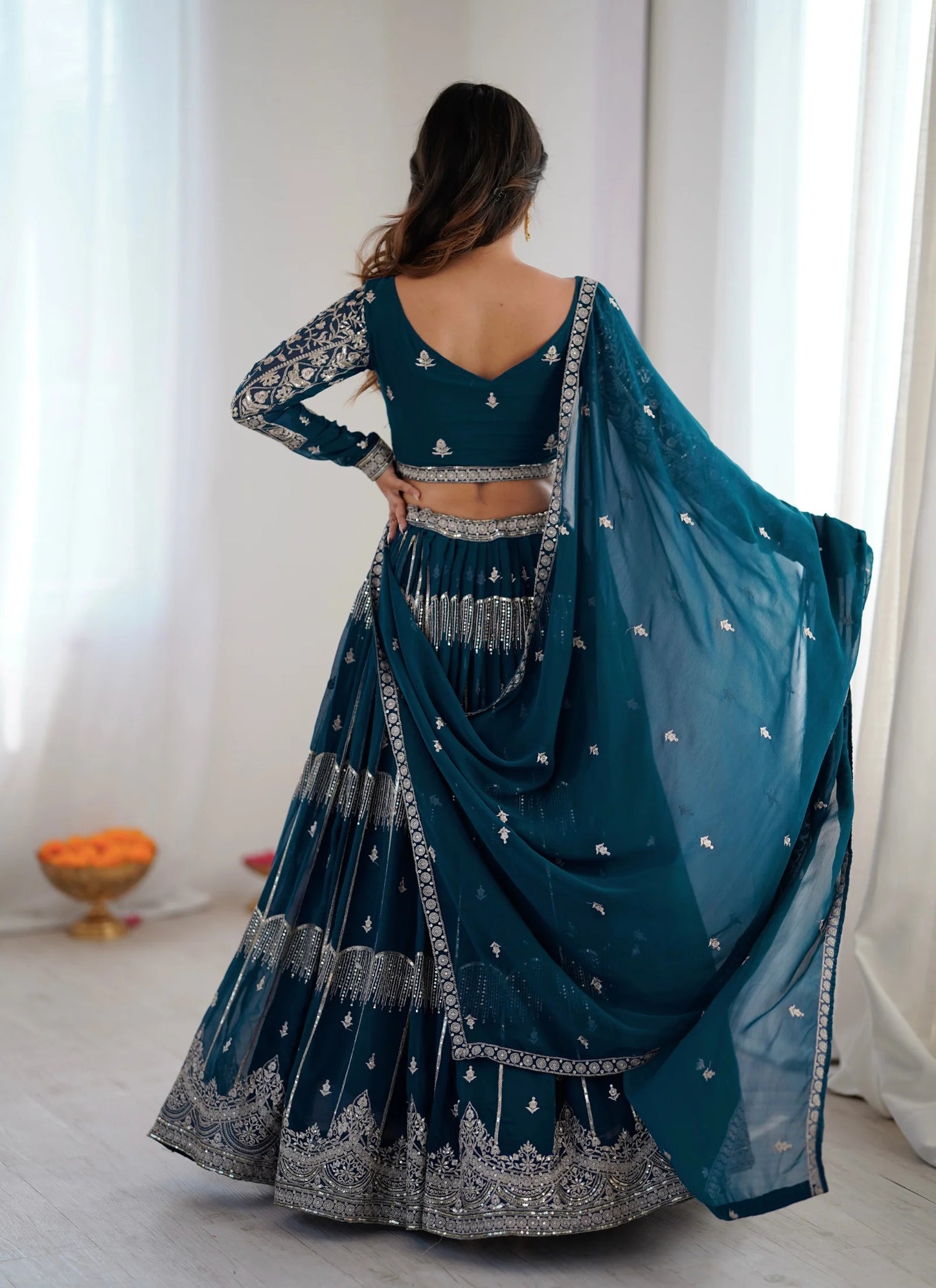 Blue Faux Georgette Thread Embroidery Lehenga Choli