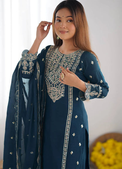 Tesla Silk Embroidery Kurta Set Teal