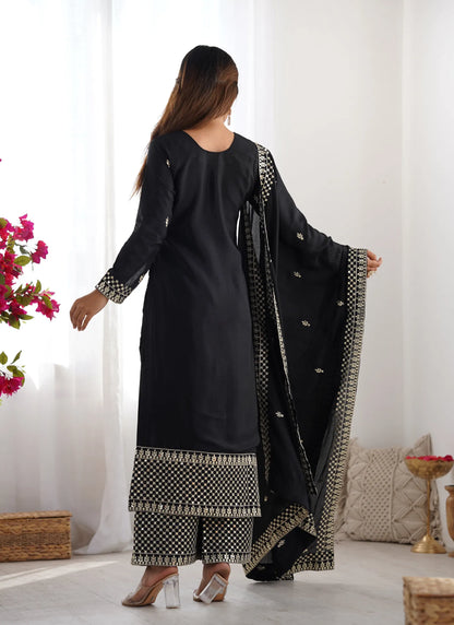Pure Chinon Silk Embroidery Kurta Black