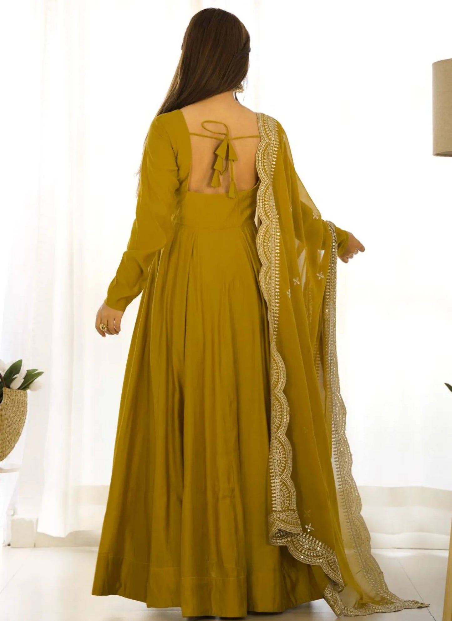 Pure Romansilk Chanderi Fabric Anarkali Mustard