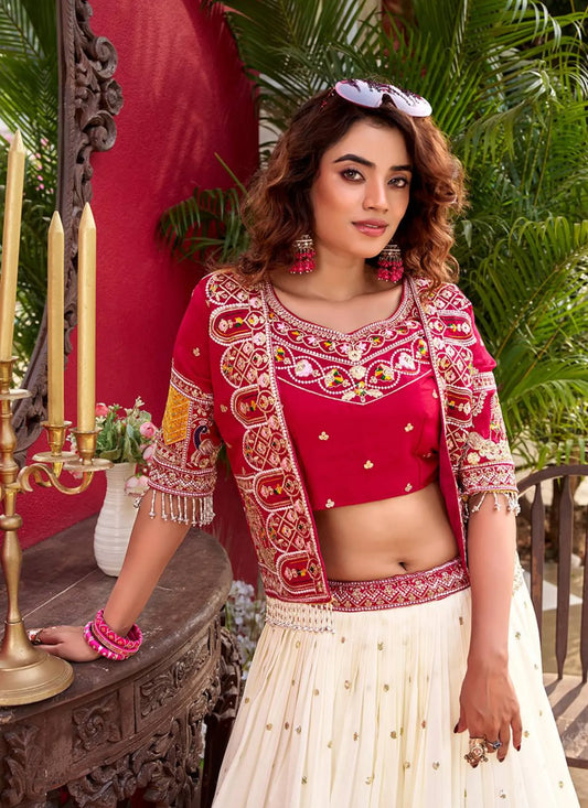 Red Pure Vichitra Silk Embroidery Lehenga Choli