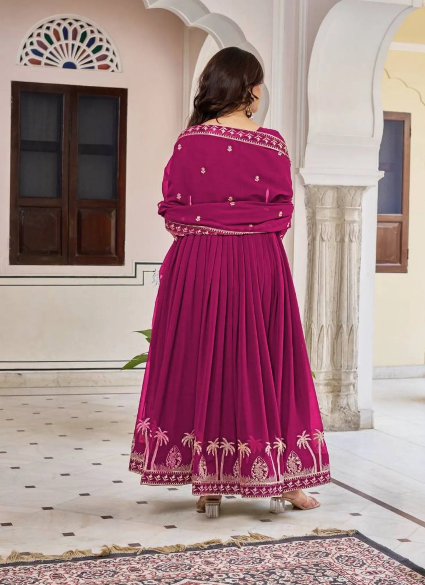 Pink Faux Georgette Thread Work Anarkali Suit