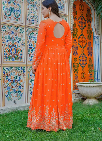 Orange Georgette Thread Work Anarkali Suit