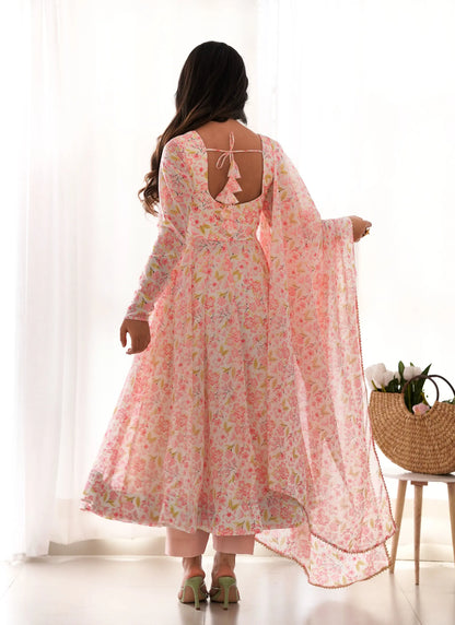 Pure Chiffon Floral Print Anarkali Peach