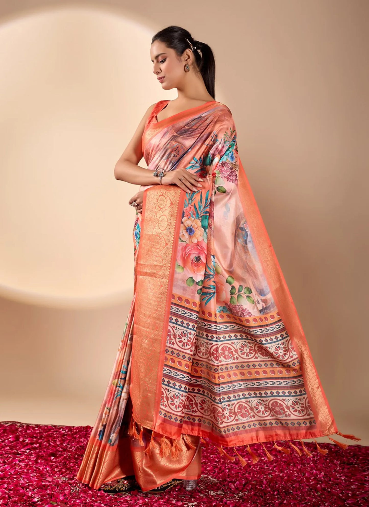 Floral Print Soft Lichi Silk Saree Orange