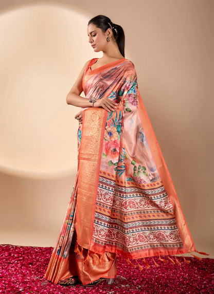Floral Print Soft Lichi Silk Saree Orange