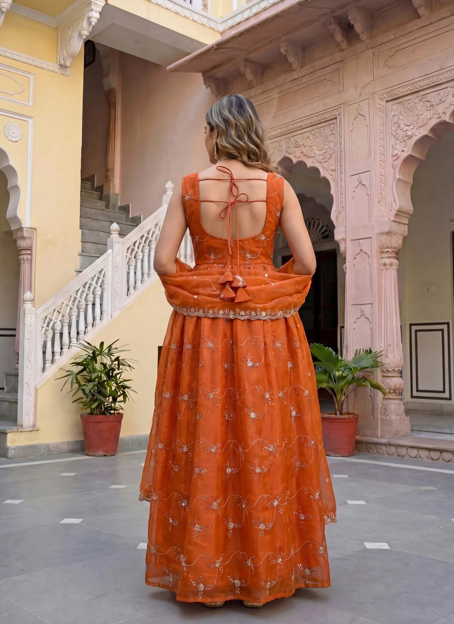 Orange Fandy Silk Embroidery Anarkali Gown