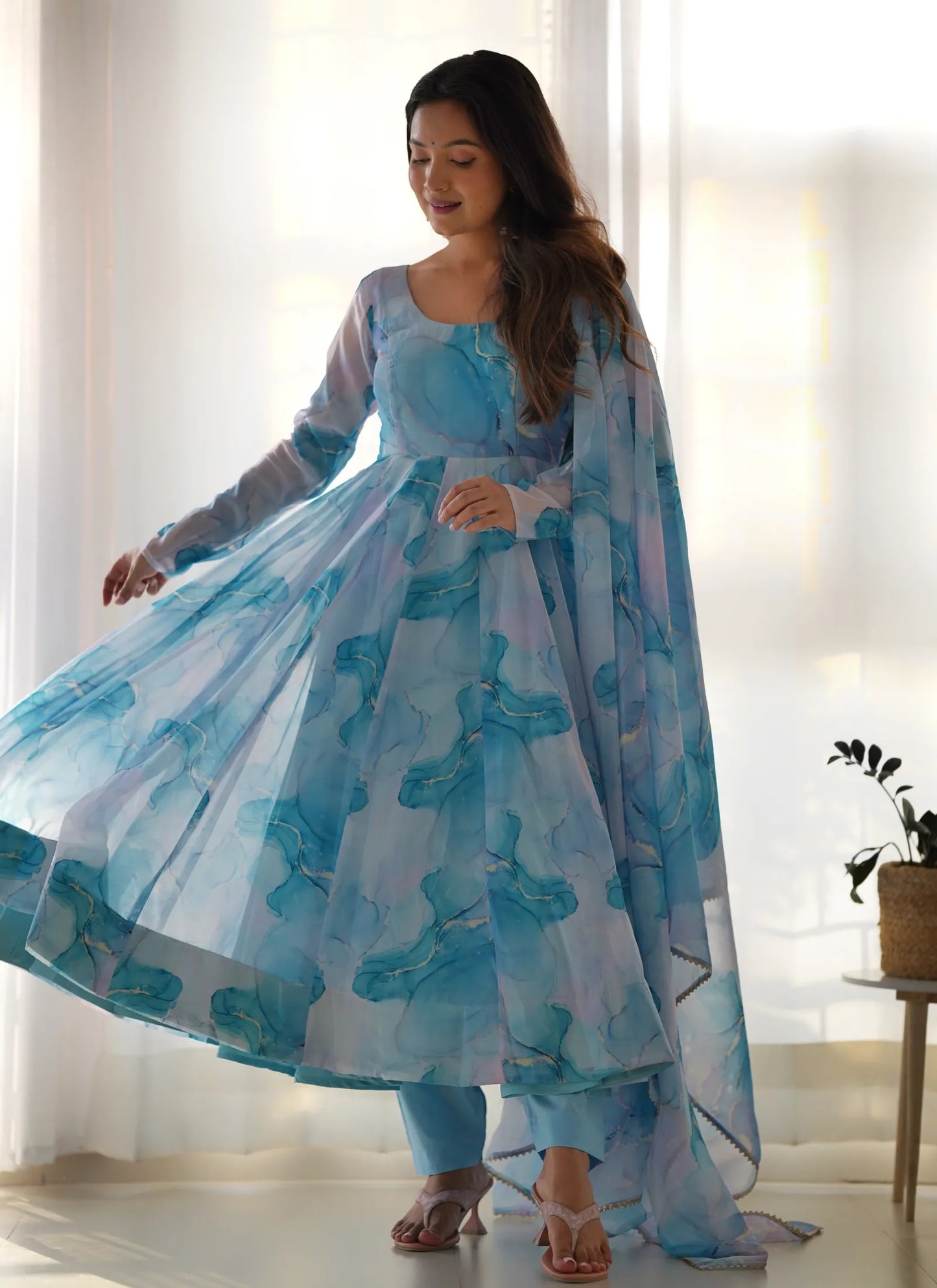 Pure Soft Organja Silk Marble Print Anarkali Sky