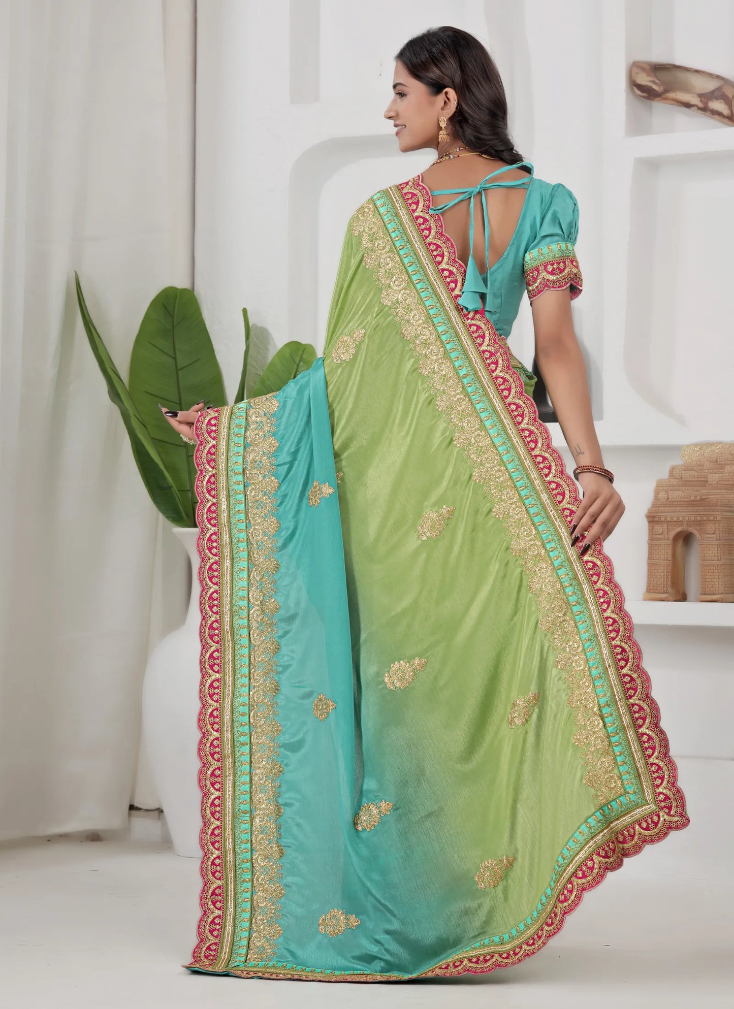 Beautiful Embroidery Silk Saree Green
