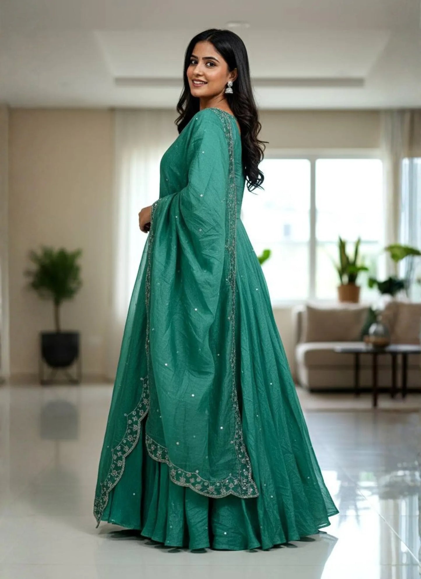 Embroidery Zari Work Silk Gown Teal